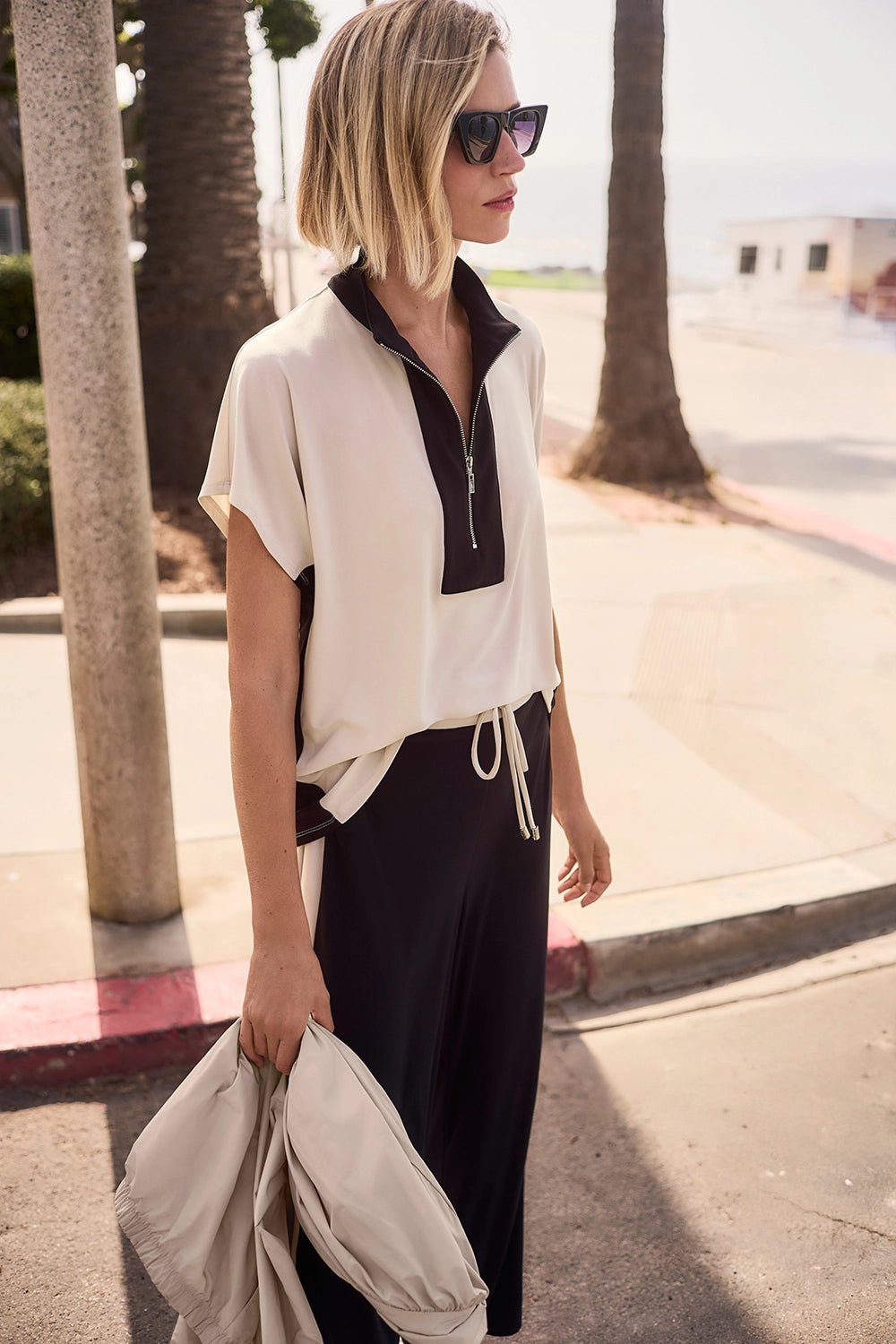 Joseph Ribkoff | Silky Knit Color Block Straight Top With Zipped Collar 261611