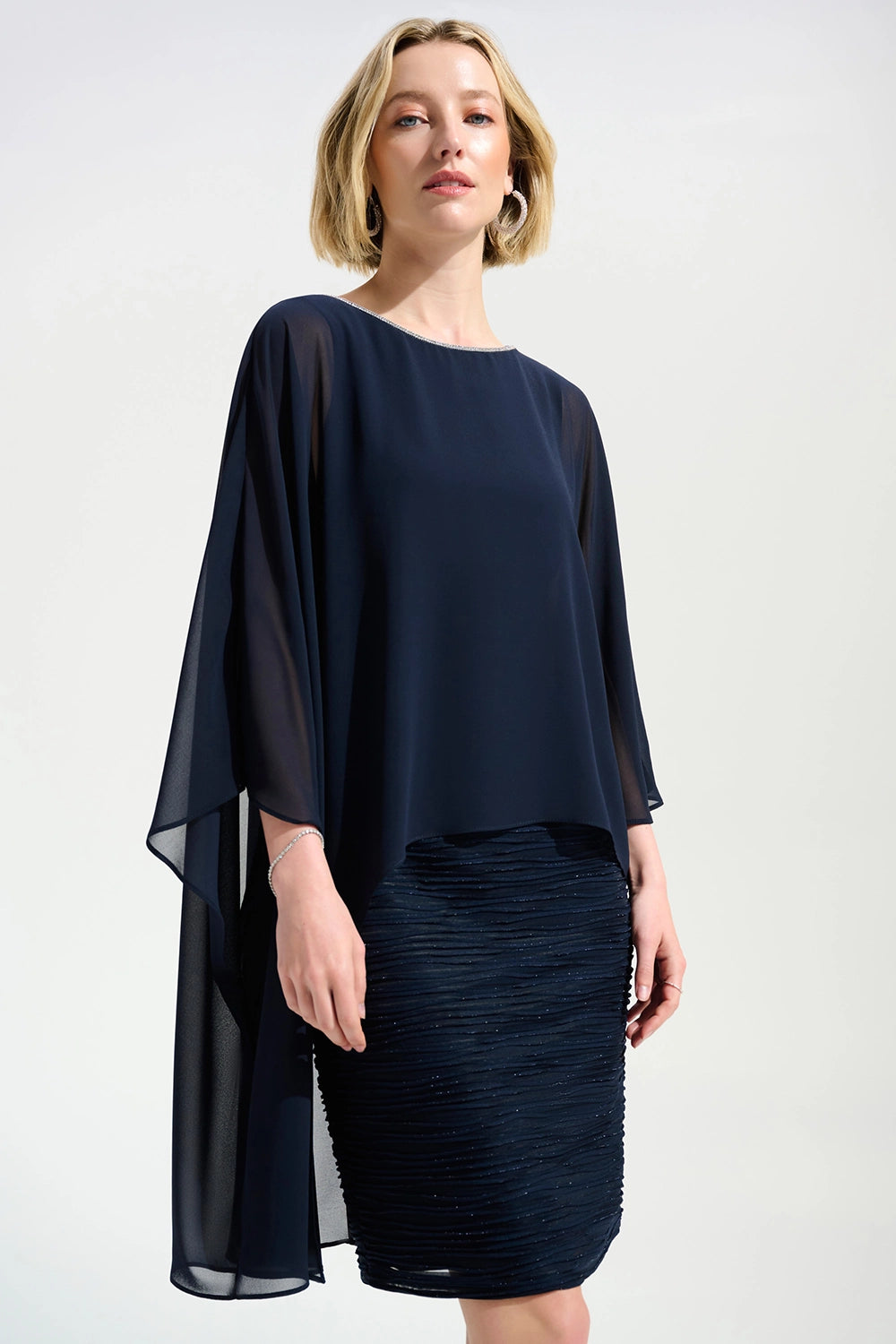 Joseph Ribkoff | Signature | Cascade Knit Sheath Dress With Chiffon Poncho Overlay - Midnight Blue 261707