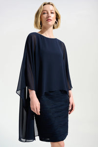 Joseph Ribkoff | Signature | Cascade Knit Sheath Dress With Chiffon Poncho Overlay - Midnight Blue 261707