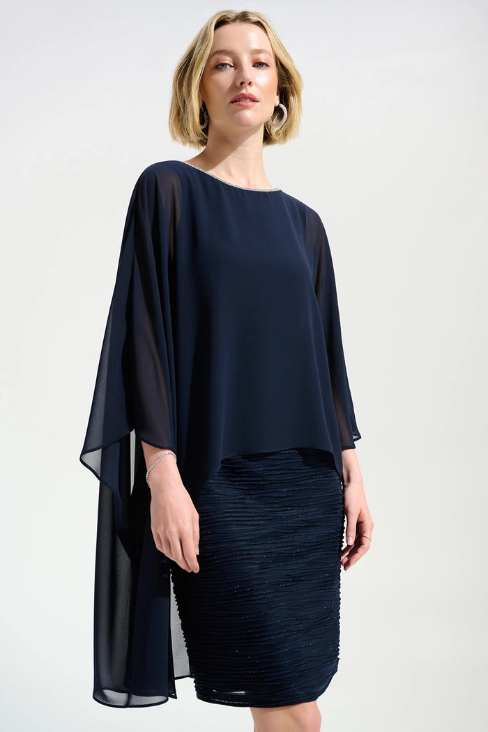 Joseph Ribkoff | Signature | Cascade Knit Sheath Dress With Chiffon Poncho Overlay - Midnight Blue 261707