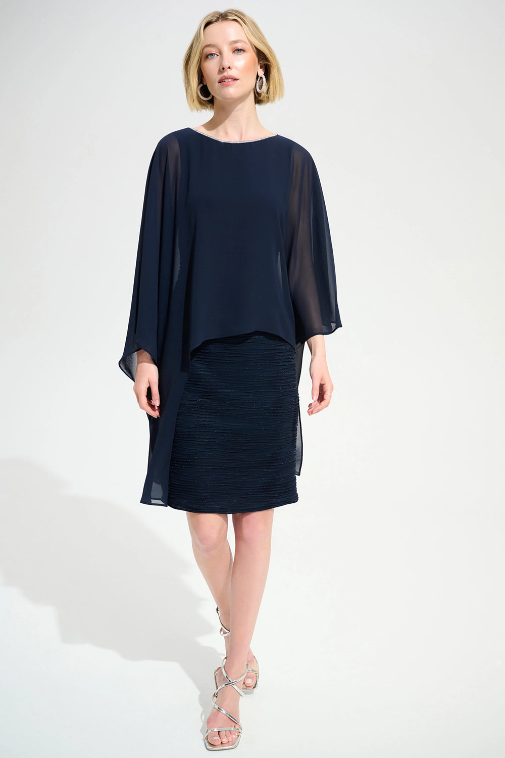 Joseph Ribkoff | Signature | Cascade Knit Sheath Dress With Chiffon Poncho Overlay - Midnight Blue 261707