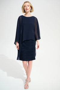 Joseph Ribkoff | Signature | Cascade Knit Sheath Dress With Chiffon Poncho Overlay - Midnight Blue 261707