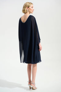 Joseph Ribkoff | Signature | Cascade Knit Sheath Dress With Chiffon Poncho Overlay - Midnight Blue 261707