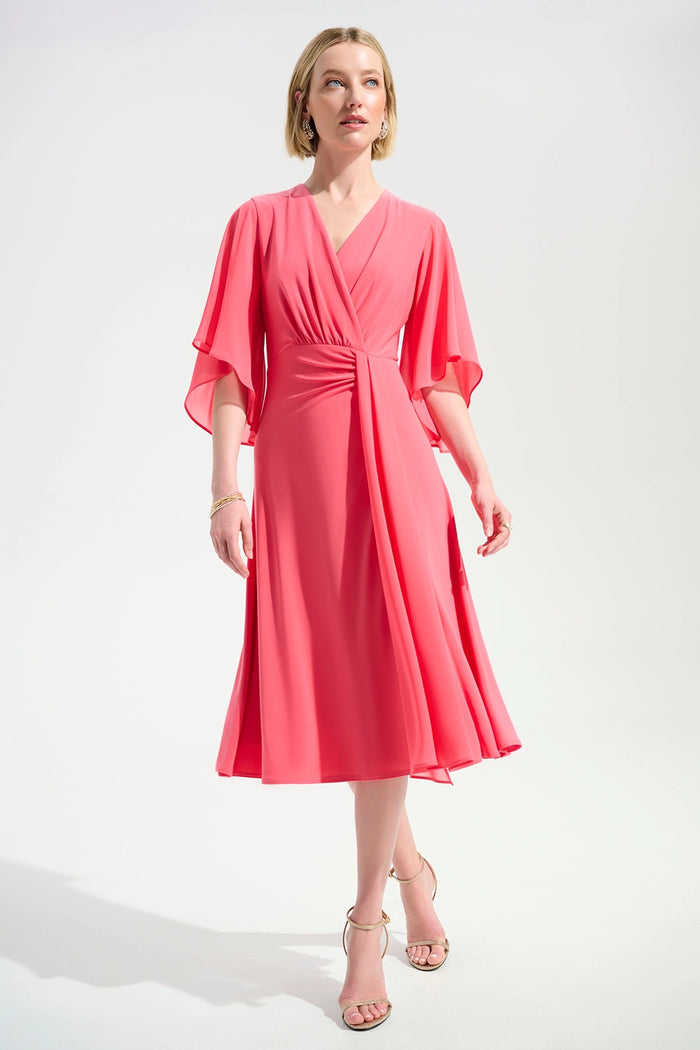 Joseph Ribkoff | Signature | Silky Knit Fit and Flare Dress With Chiffon Draped Sash - Paradise Coral 261710