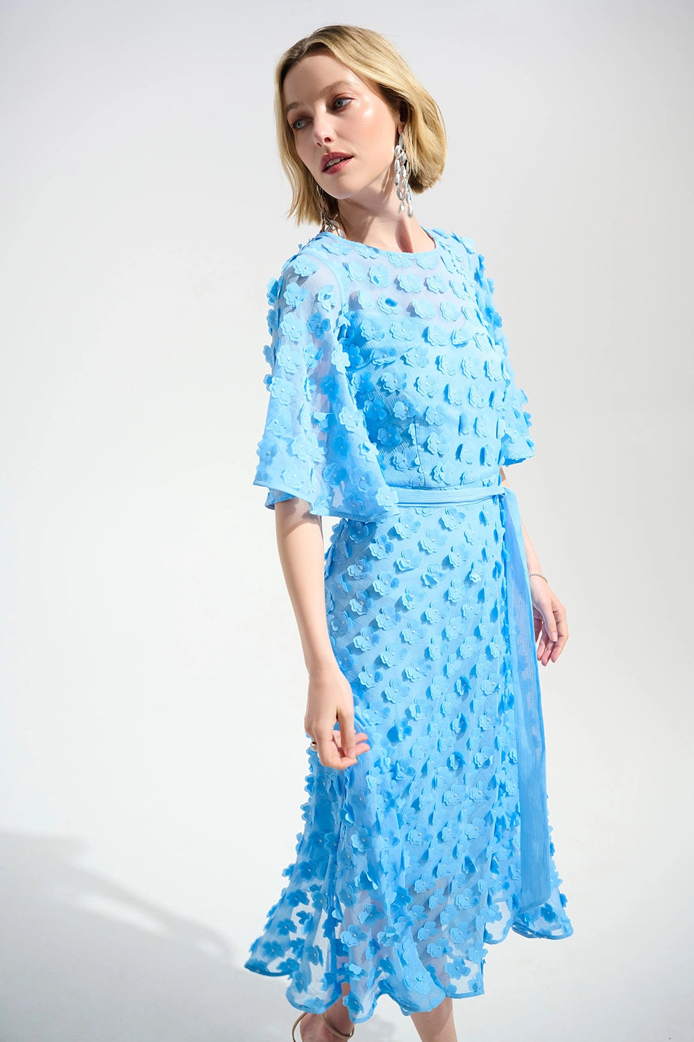 Joseph Ribkoff | Signature | 3D Embroidered Chiffon Fit And Flare Dress With Sash Belt - Sky Blue 261738