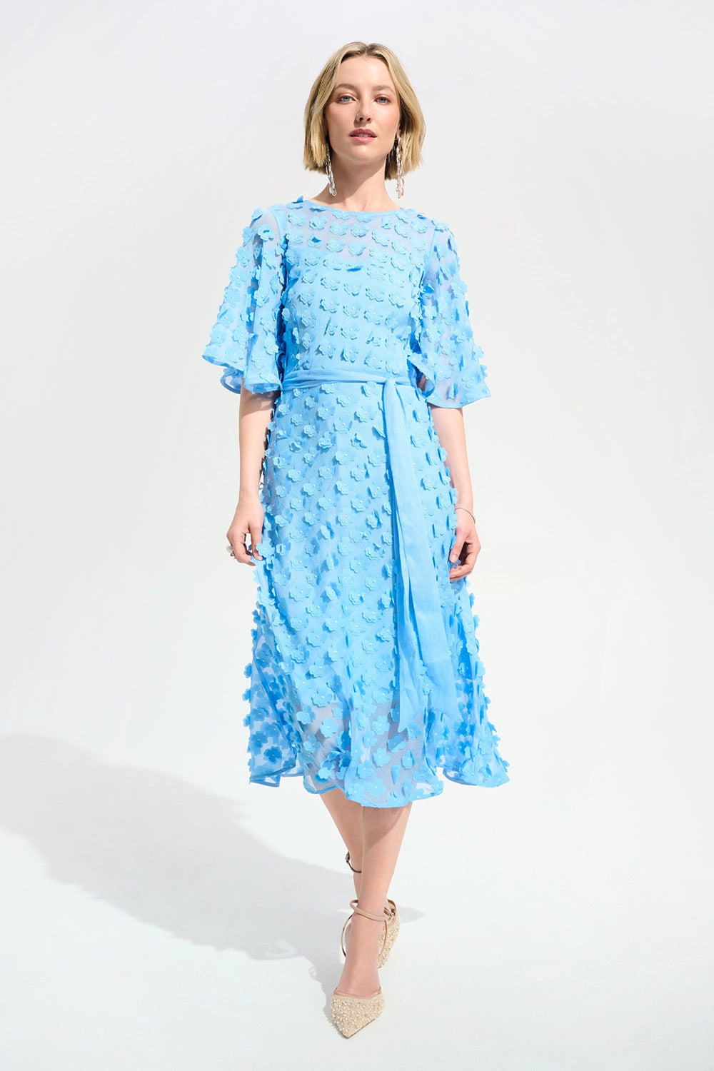 Joseph Ribkoff | Signature | 3D Embroidered Chiffon Fit And Flare Dress With Sash Belt - Sky Blue 261738