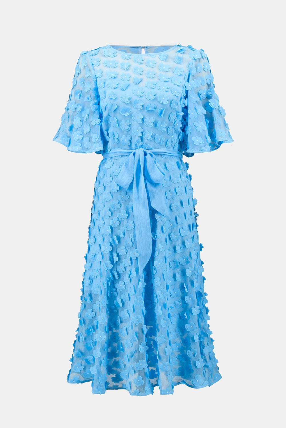 Joseph Ribkoff | Signature | 3D Embroidered Chiffon Fit And Flare Dress With Sash Belt - Sky Blue 261738