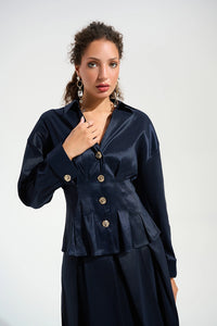 Joseph Ribkoff | Signature | Stretch Taffeta Fit And Flare Blouse With Chain Link Button Cuffs - Midnight Blue 261742