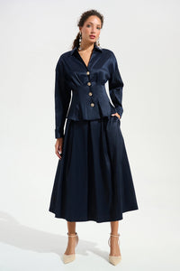 Joseph Ribkoff | Signature | Stretch Taffeta Fit And Flare Blouse With Chain Link Button Cuffs - Midnight Blue 261742