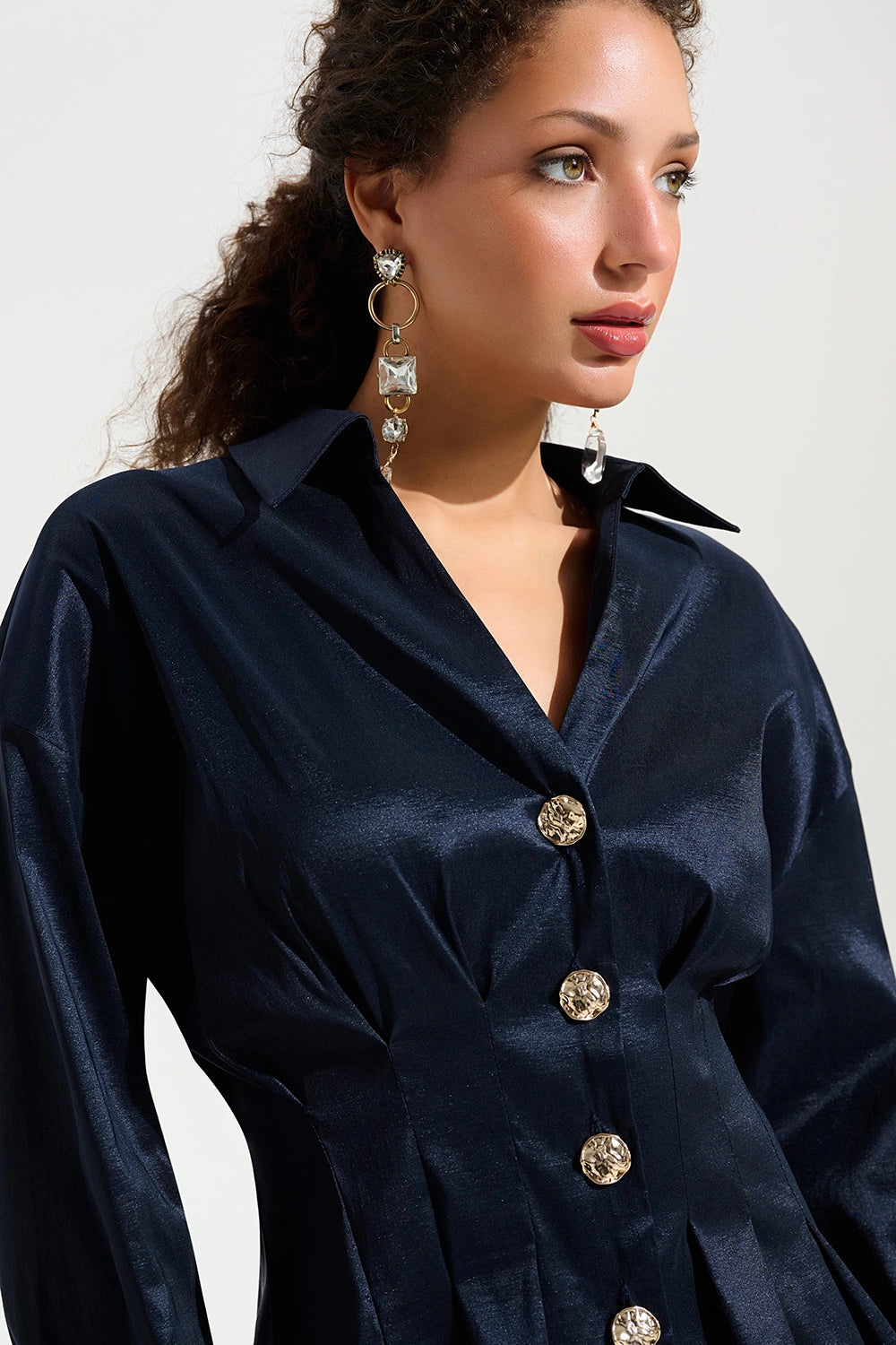 Joseph Ribkoff | Signature | Stretch Taffeta Fit And Flare Blouse With Chain Link Button Cuffs - Midnight Blue 261742
