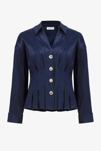 Joseph Ribkoff | Signature | Stretch Taffeta Fit And Flare Blouse With Chain Link Button Cuffs - Midnight Blue 261742