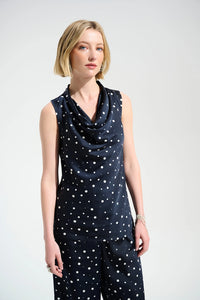 Joseph Ribkoff | Signature | Recycled Satin Dot Print Sleeveless Cowl Neck Top - Midnight/Vanilla 261746