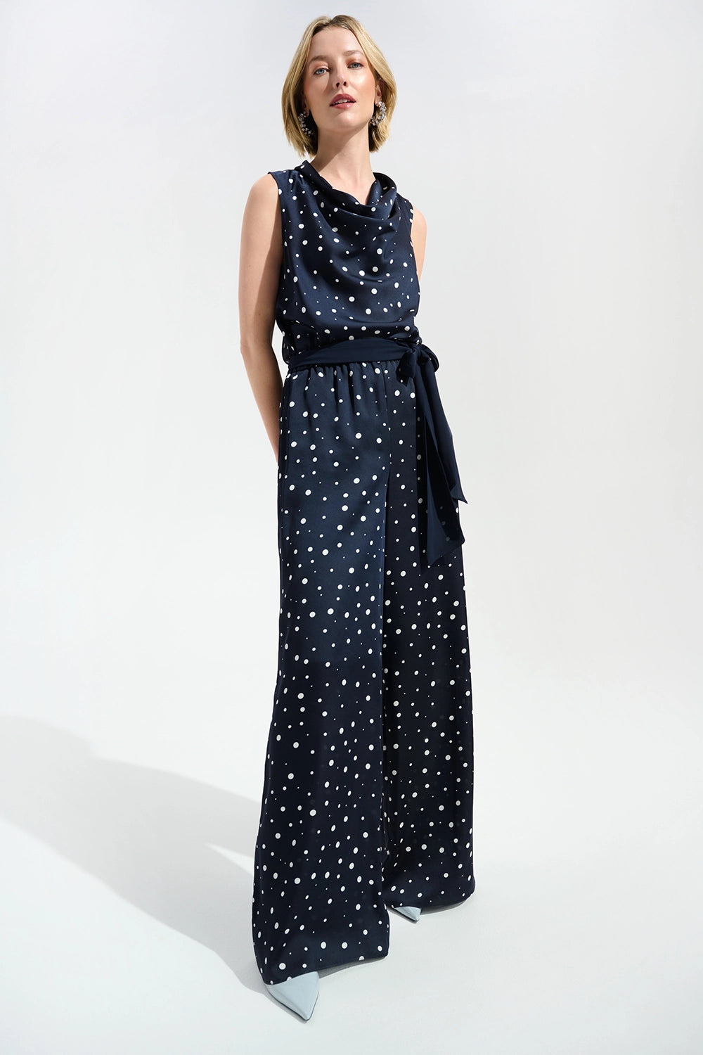 Joseph Ribkoff | Signature | Recycled Satin Dot Print Sleeveless Cowl Neck Top - Midnight/Vanilla 261746