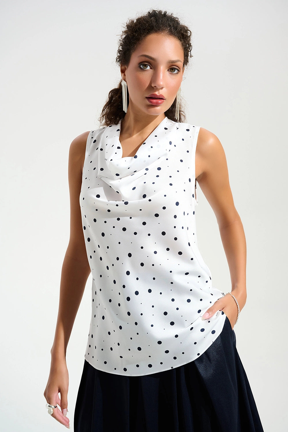 Joseph Ribkoff | Signature | Recycled Satin Dot Print Sleeveless Cowl Neck Top - Vanilla/Midnight 261746