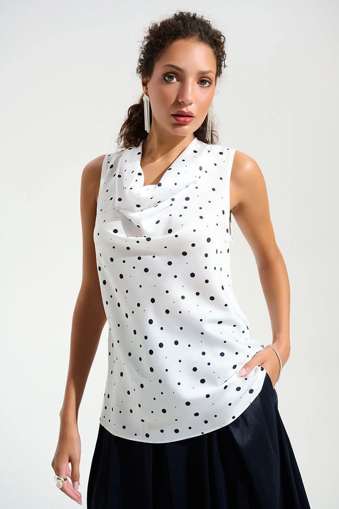 Joseph Ribkoff | Signature | Recycled Satin Dot Print Sleeveless Cowl Neck Top - Vanilla/Midnight 261746