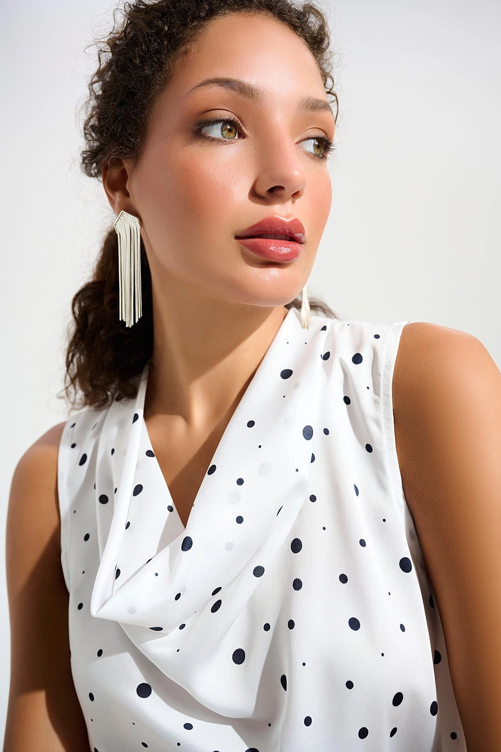 Joseph Ribkoff | Signature | Recycled Satin Dot Print Sleeveless Cowl Neck Top - Vanilla/Midnight 261746