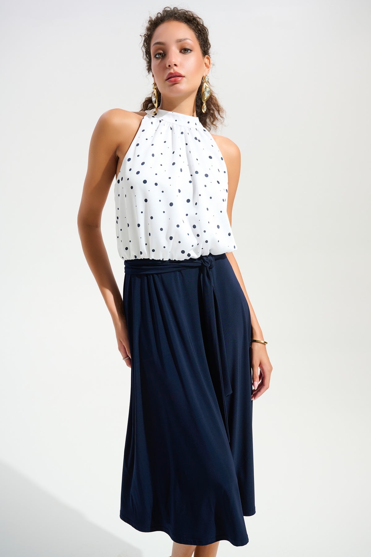 Joseph Ribkoff | Signature | Recycled Satin Dot Print A-Line Dress With Silky Knit Skirt 261750