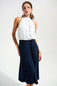 Joseph Ribkoff | Signature | Recycled Satin Dot Print A-Line Dress With Silky Knit Skirt 261750