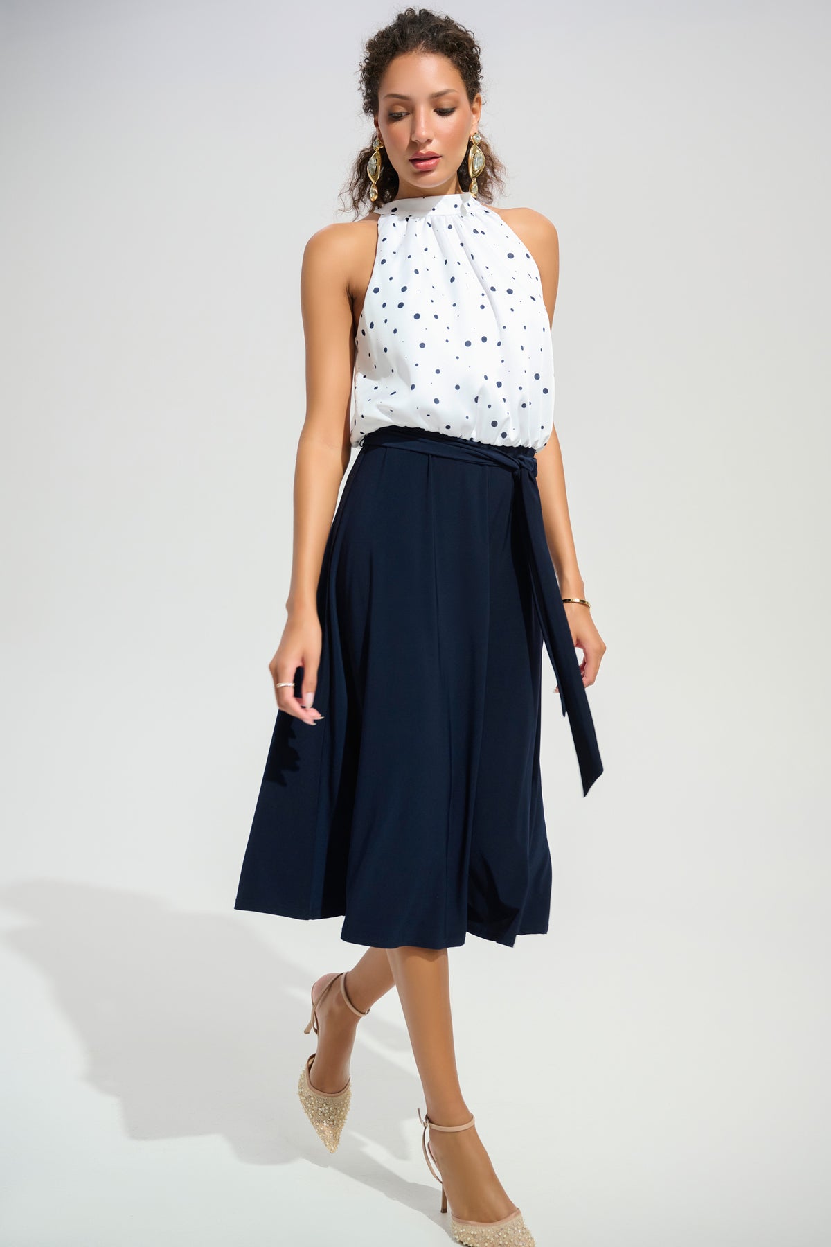 Joseph Ribkoff | Signature | Recycled Satin Dot Print A-Line Dress With Silky Knit Skirt 261750