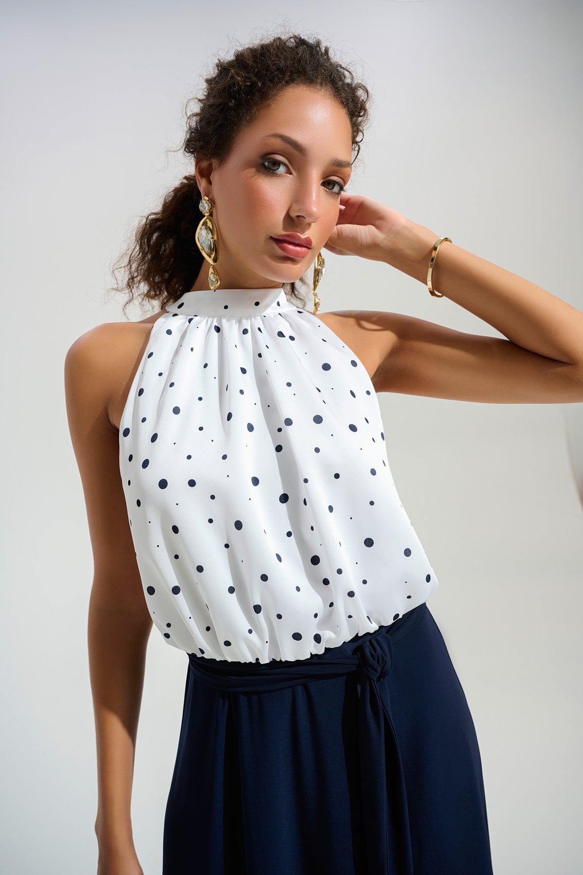 Joseph Ribkoff | Signature | Recycled Satin Dot Print A-Line Dress With Silky Knit Skirt 261750