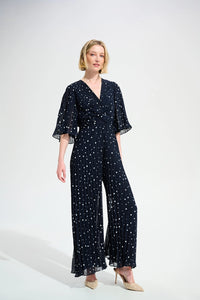 Joseph Ribkoff | Signature | Pleated Chiffon Dot Print Wide Leg Jumpsuit With Knot Detail  261756