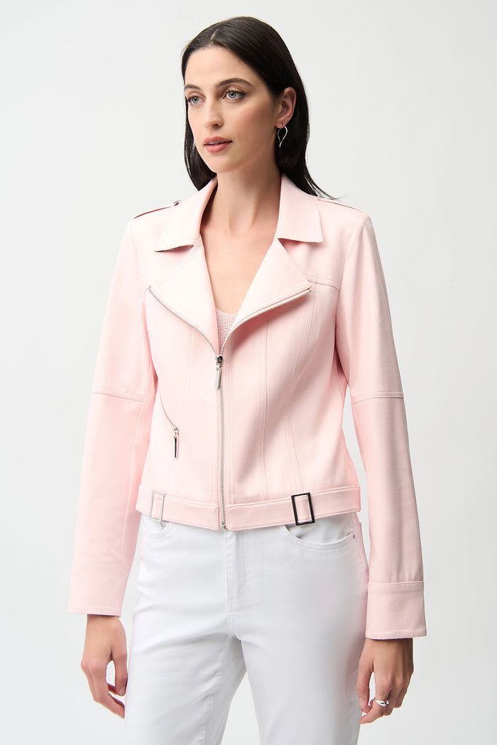 Joseph Ribkoff | Foiled Faux Suede Fitted Jacket with Decorative Buckles - Pale Pink 261910