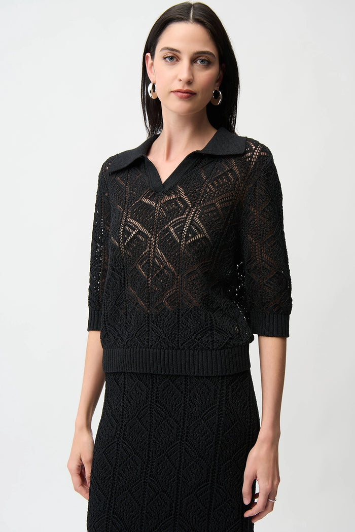 Joseph Ribkoff | Cotton Blend Open Stitch Sweater with Polo Collar 261929