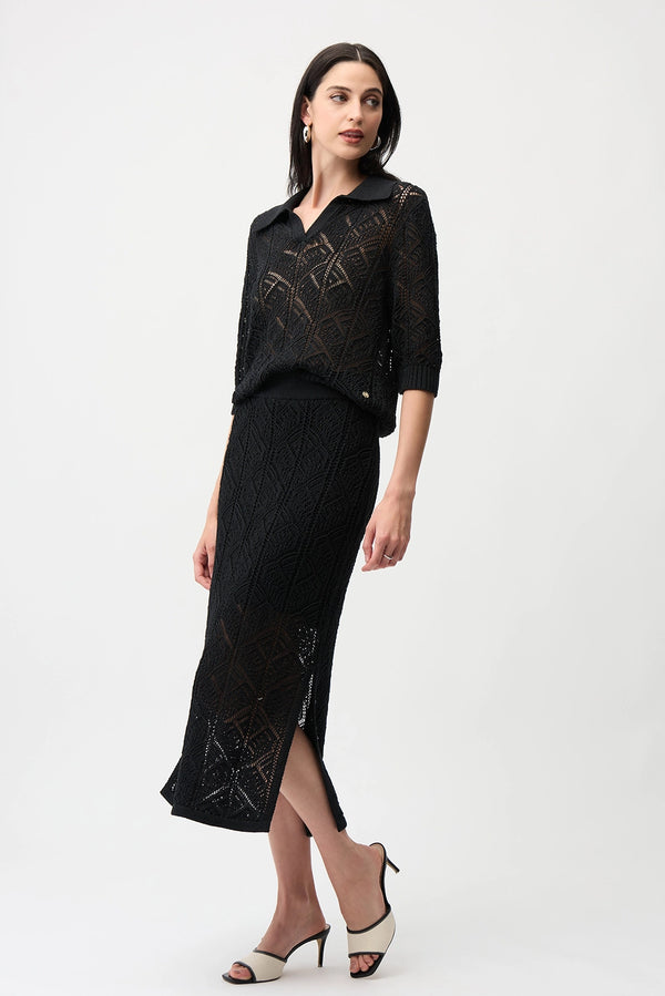 Joseph Ribkoff | Cotton Blend Open Stitch Sweater with Polo Collar 261929