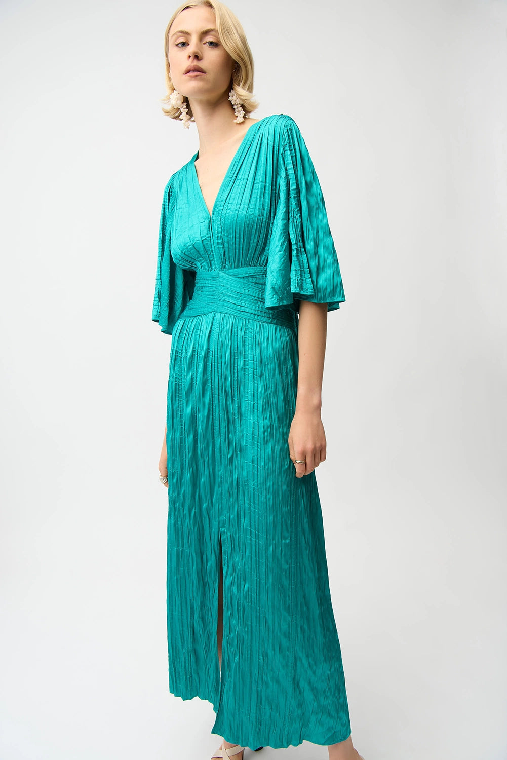 Joseph Ribkoff | Satin Fit and Flare Pleated Dress with Knot Waist Detail - Oceanic 261962