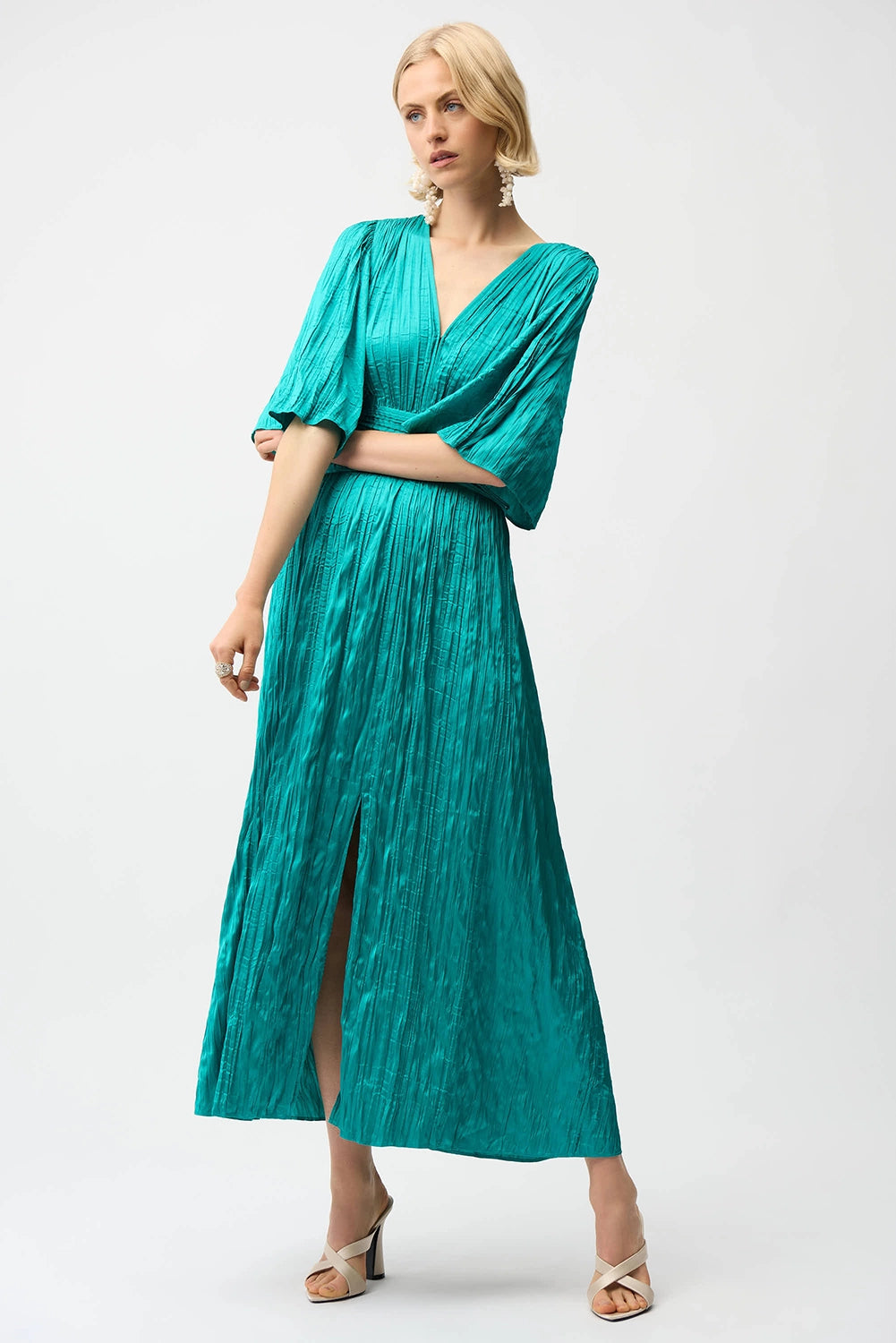 Joseph Ribkoff | Satin Fit and Flare Pleated Dress with Knot Waist Detail - Oceanic 261962