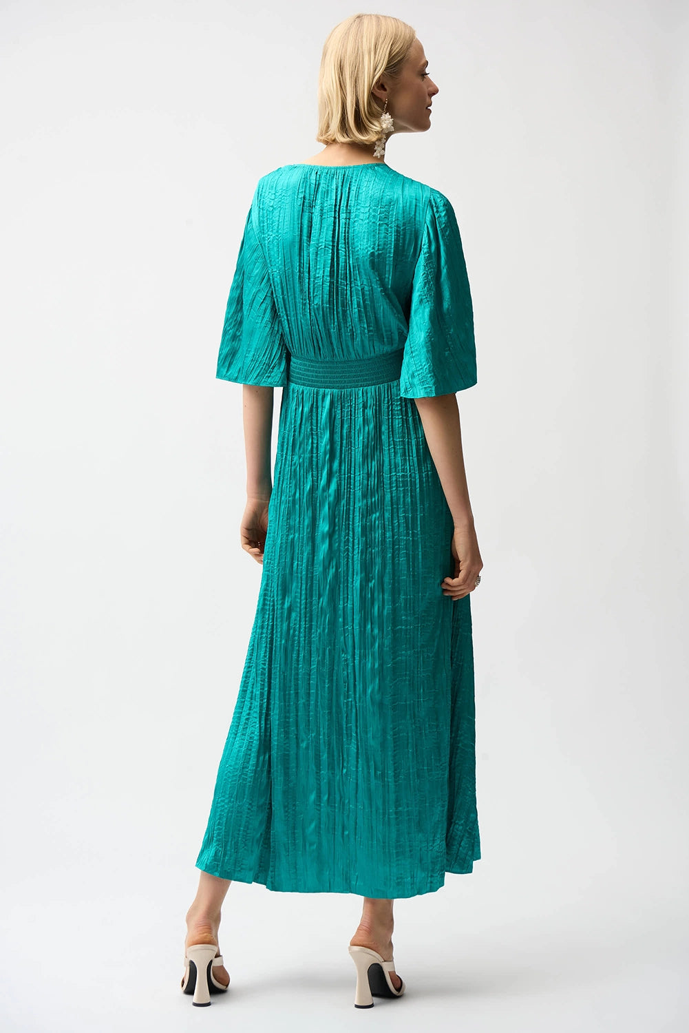 Joseph Ribkoff | Satin Fit and Flare Pleated Dress with Knot Waist Detail - Oceanic 261962