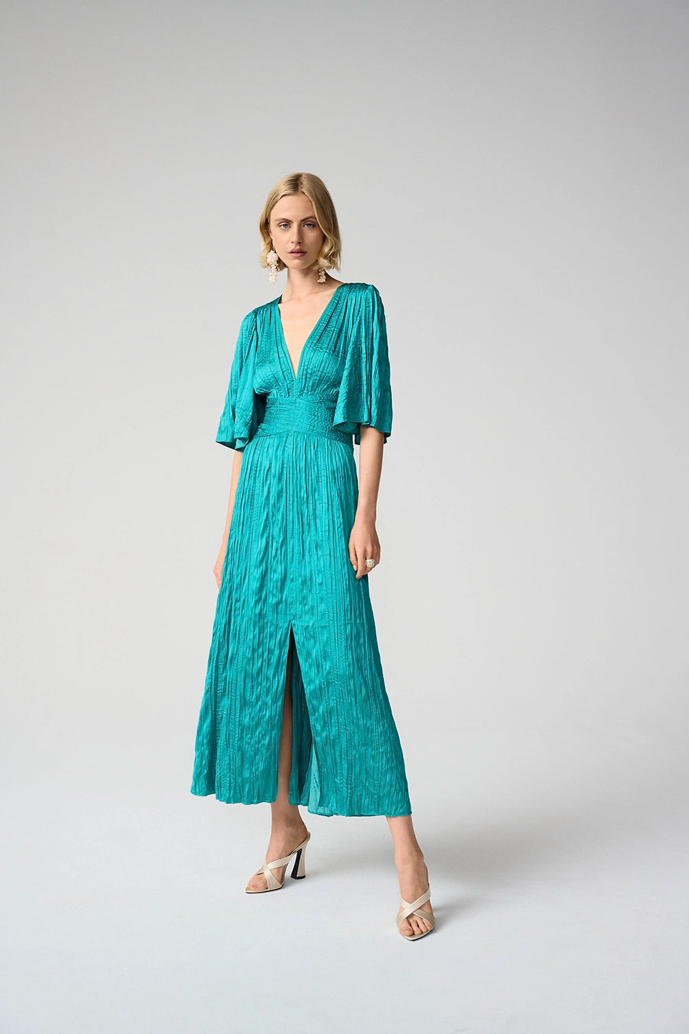 Joseph Ribkoff | Satin Fit and Flare Pleated Dress with Knot Waist Detail - Oceanic 261962