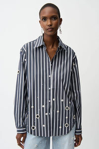Joseph Ribkoff | Stretch Cotton Stripe Print Boxy Blouse With Rhinestones - Midnight Blue 261966