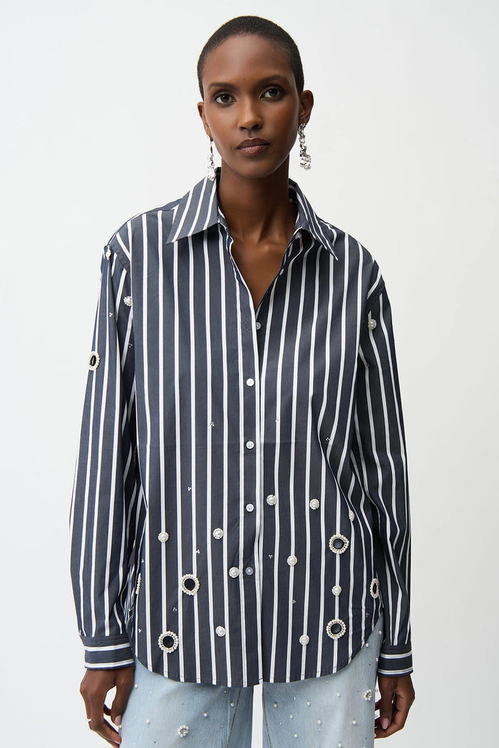 Joseph Ribkoff | Stretch Cotton Stripe Print Boxy Blouse With Rhinestones - Midnight Blue 261966