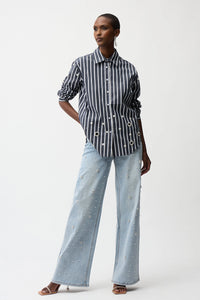 Joseph Ribkoff | Stretch Cotton Stripe Print Boxy Blouse With Rhinestones - Midnight Blue 261966