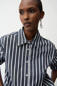 Joseph Ribkoff | Stretch Cotton Stripe Print Boxy Blouse With Rhinestones - Midnight Blue 261966