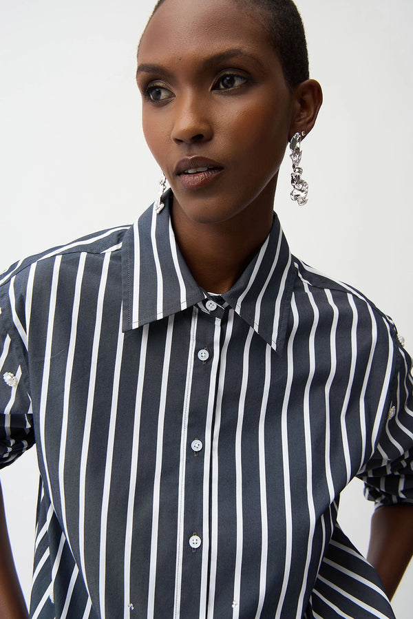 Joseph Ribkoff | Stretch Cotton Stripe Print Boxy Blouse With Rhinestones - Midnight Blue 261966