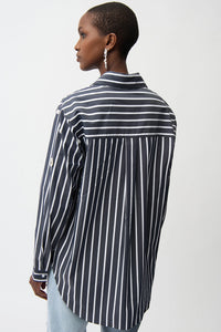 Joseph Ribkoff | Stretch Cotton Stripe Print Boxy Blouse With Rhinestones - Midnight Blue 261966