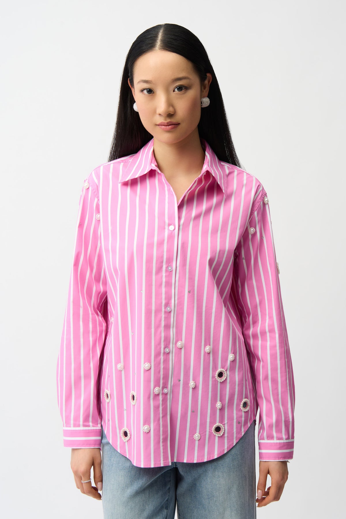 Joseph Ribkoff | Stretch Cotton Stripe Print Boxy Blouse With Rhinestones - Pink/Sherbert 261966