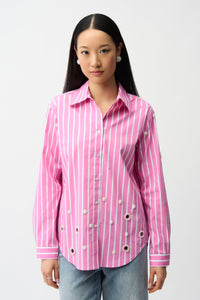 Joseph Ribkoff | Stretch Cotton Stripe Print Boxy Blouse With Rhinestones - Pink/Sherbert 261966