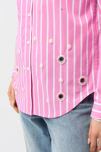 Joseph Ribkoff | Stretch Cotton Stripe Print Boxy Blouse With Rhinestones - Pink/Sherbert 261966