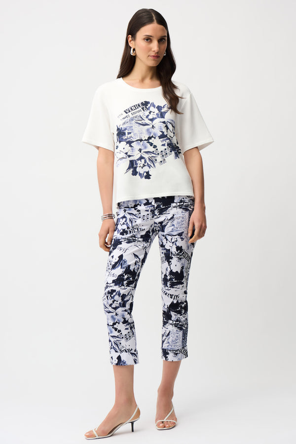 Joseph Ribkoff | Stretch Cotton Stripe Print Boxy Blouse With Rhinestones - Midnight Blue 261967