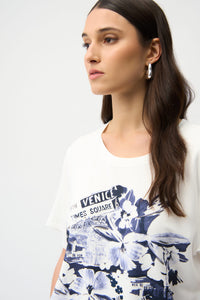 Joseph Ribkoff | Stretch Cotton Stripe Print Boxy Blouse With Rhinestones - Midnight Blue 261967