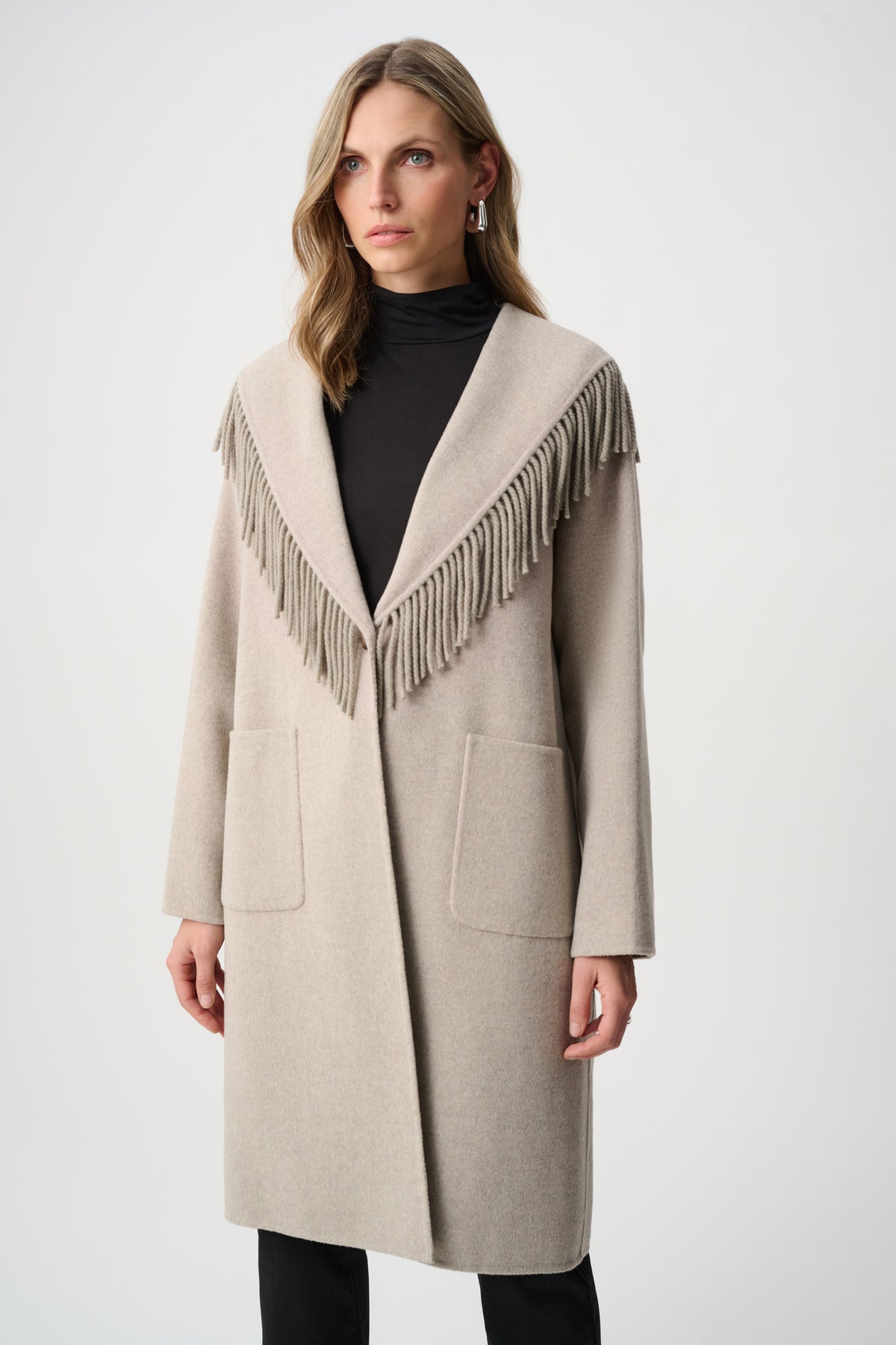 Joseph Ribkoff |  Wool Blend Shawl Collar Fringed Coat - Oatmeal 263912