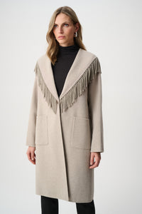 Joseph Ribkoff |  Wool Blend Shawl Collar Fringed Coat - Oatmeal 263912