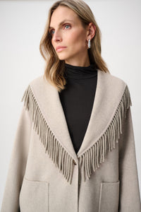 Joseph Ribkoff |  Wool Blend Shawl Collar Fringed Coat - Oatmeal 263912