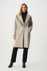 Joseph Ribkoff |  Wool Blend Shawl Collar Fringed Coat - Oatmeal 263912