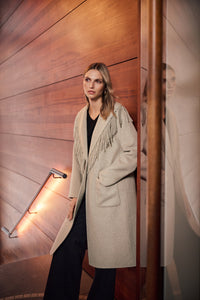Joseph Ribkoff |  Wool Blend Shawl Collar Fringed Coat - Oatmeal 263912