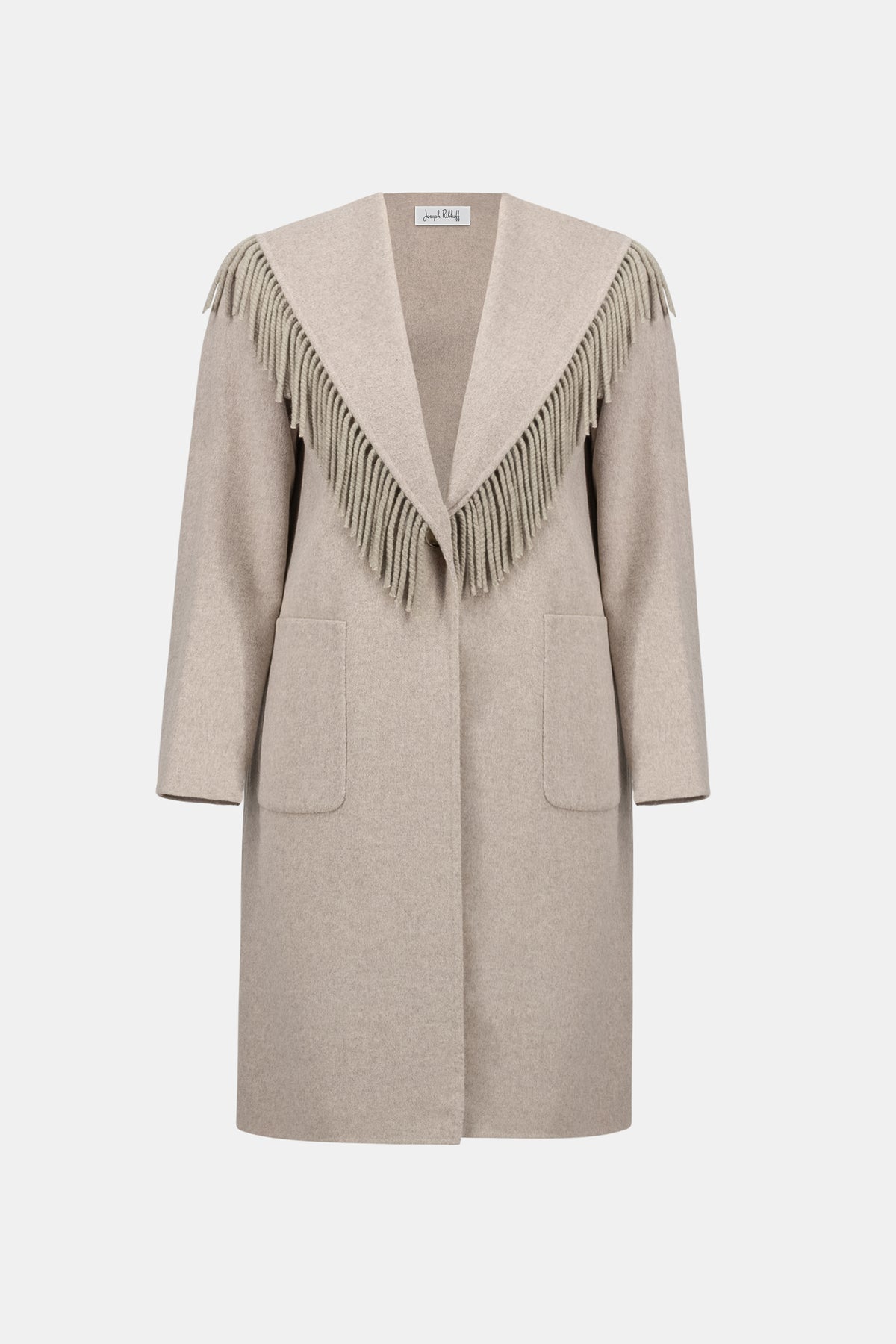 Joseph Ribkoff |  Wool Blend Shawl Collar Fringed Coat - Oatmeal 263912