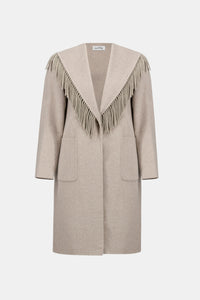 Joseph Ribkoff |  Wool Blend Shawl Collar Fringed Coat - Oatmeal 263912
